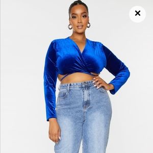 Royal Blue Velvet Like Crop Wrap Tie Blouse Shirt Size 12 NWOT